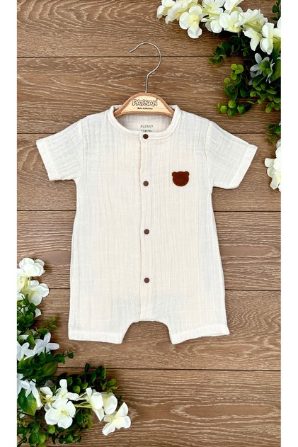 Suede Bear Patterned 100% Cotton Muslin Baby Onesie - Summer