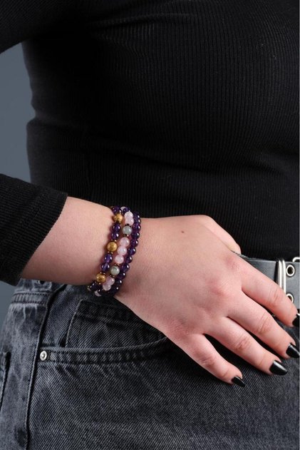 Certified Amethyst, Pink Quartz Women's Natural Stone Bracelet Set Gift Bracelet