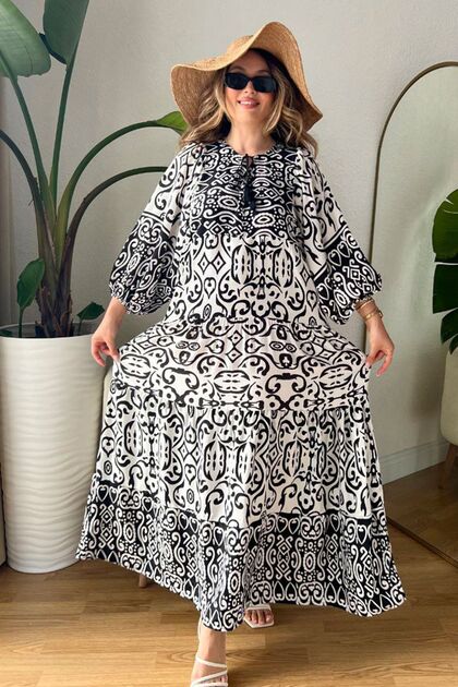 Women's Black and White Tie-Detail Up Buttonhole Ethnic Patterned Balloon Sleeve Long Dress