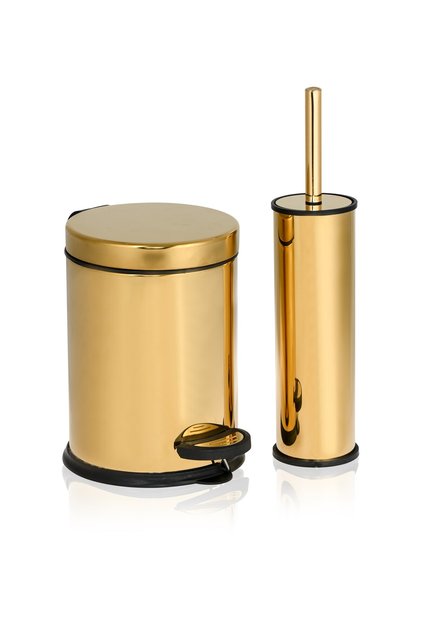 Elit 3 Litre Gold Banyo Seti Paslanmaz Pedallı Çöp Kovası ve Klozet Fırçası Altın Lüks Banyo Takımı