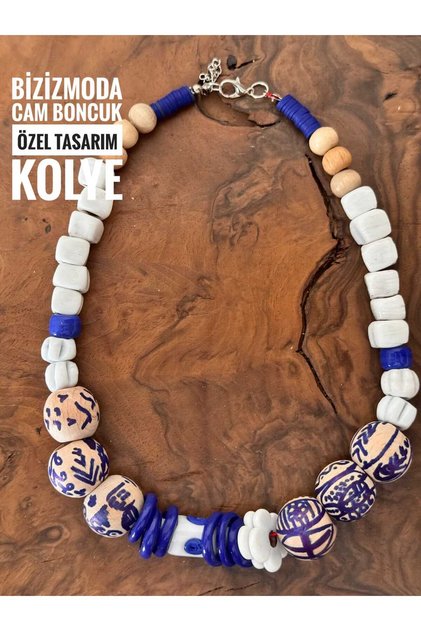 Glass Beads African Bohemian Style Glass Beads Eye Wooden Design Glass Beads Navy Blue Necklace