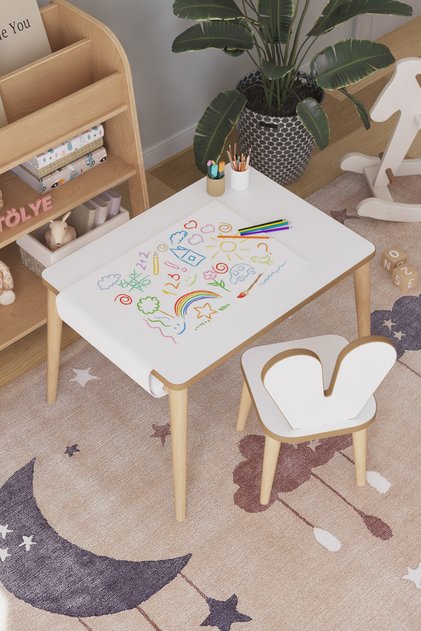Çocuk Oyun Aktivite Masası 60x45 Cm - Kağıt Rulo Set - Montessori Sandalye Çalışma Masası