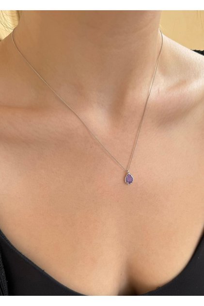 Silver ince zincir lila zirconyum kadın damla kolye