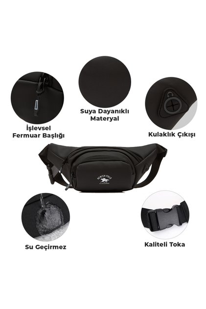 Unisex Siyah PU Deri Su Geçirmez Kumaş Özellikli Bel Ve Omuz Çantası Kışlık Body Bag Freebag