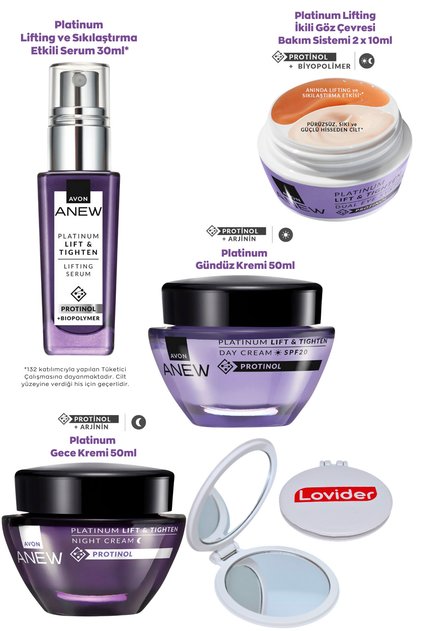 Anew Platinum Set; Gündüz + Gece Kremi 55+ Yaş + Göz Çevresi Kremi + Yüz Serumu + Lovider Cep Ayna