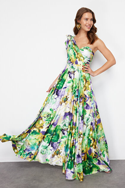 Trendyol Collection Green-Multicolor Floral Single Sleeve Woven Long Evening  Dress Tprss24Ae00245- Trendyol
