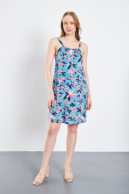 Women's Floral Patterned Front Collar Drop Detailed Mini Length Dress