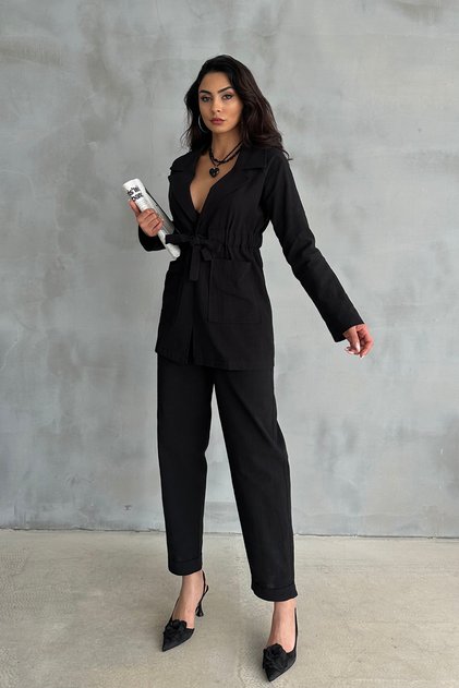 Black Linen Suit with Tie Waist