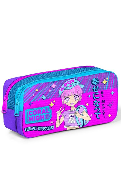 Kids Purple Pink Blue Glitter K-pop Patterned Two-Compartment Pencil Bag 12064