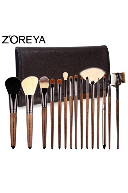 Z'oreya Profesyonel 15 Parça Ahşap Makyaj Fırça Seti Deri Çanta