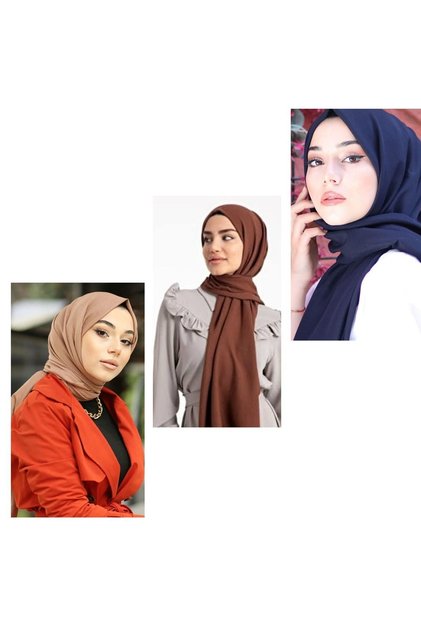 Tesettür Kadın Pamuk Cazz Şal Modeli-3'lü Set Koyu Vizon>kahverengi > Lacivert