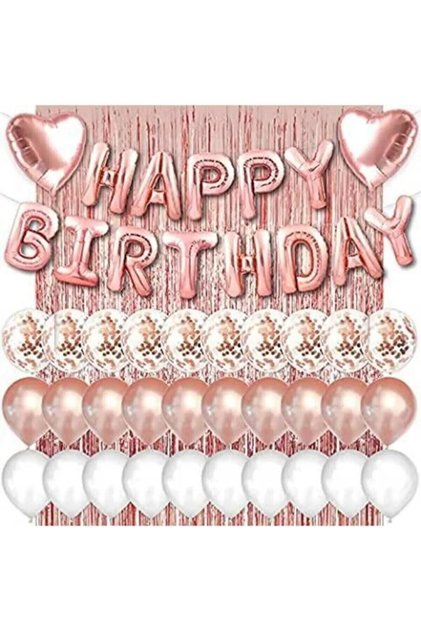 Pembe Happy Bırthday Rose Kalp Kalp Folyo Ve 30 Rose Beyaz Şeffaf Balonlu Arka Fon Perde Set