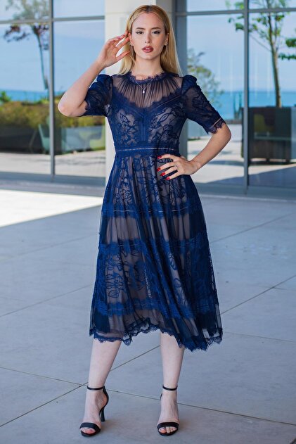 SpringStore Navy Blue Lace Short Sleeve Evening Dress- Trendyol