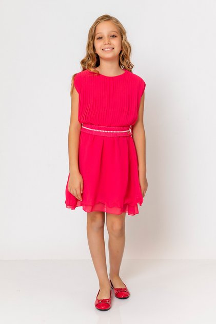 Girl's Round Neck Belted Pleated Dress