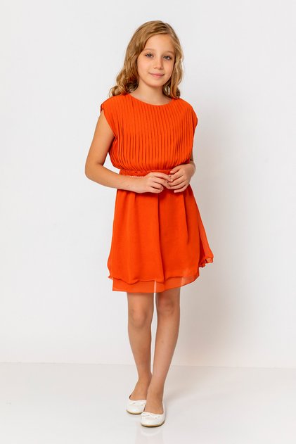 Rochie plisată cu curea cu gât rotund pentru fete