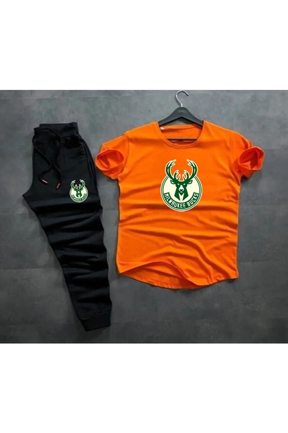Unisex Oval Cut Slim Fit Deer Printed Orange T-Shirt Black Color Tracksuit Bottom Top Set