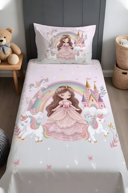 Pembe Gri Unicornlu Prenses Desenli Yatak Örtüsü ve Yastık Kılıfı
