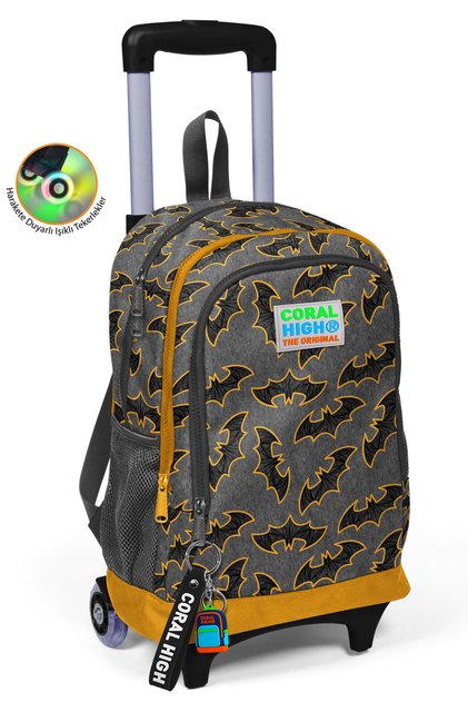 Kids Dark Gray Mustard Bat Patterned Three Compartment School Backpack with Squeegee 23921