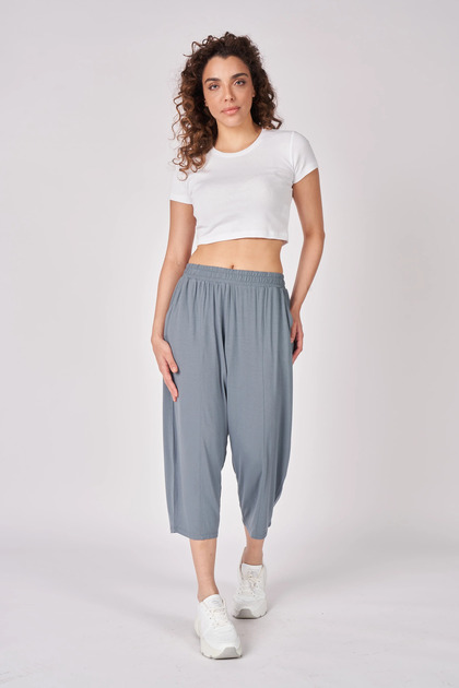 Women's Elastic Waist Regular Fit Stitching Detail Shalwar Trousers Basalt Gray