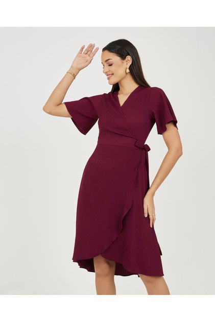 Textured Angel Sleeves Wrap Midi Dress