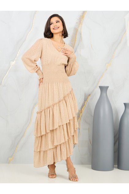 Foil Print Smocked Waist Ruffle Detail Midi Dress