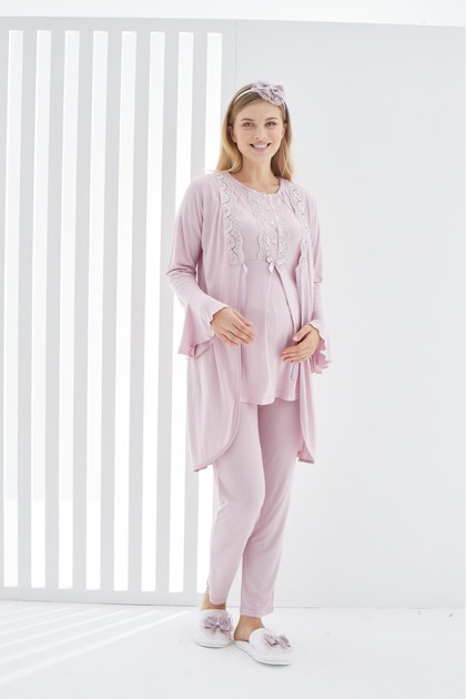 3-Piece Laced Maternity Pajama Set with Dressing Gown