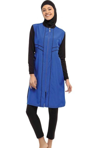 Long Micro Sleeve Piping Full Hijab Swimsuit 7106 Cobalt Blue Plus Size