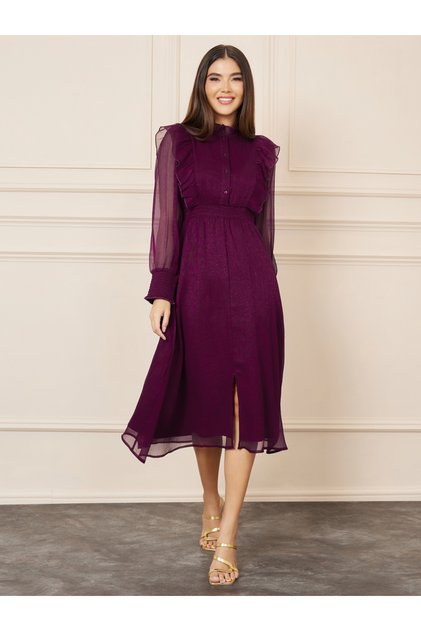 Shiny Organza Frill Detail High Neck A-Line Midi Dress