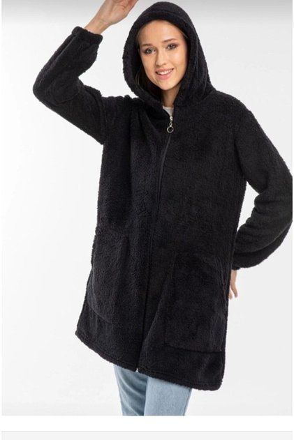 Women's Hooded Zippered Oversize Plush Cardigan with Elastic Sleeves