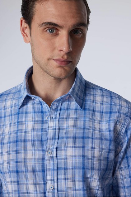 Men's Long Sleeve Slim Fit Linen Shirt - 100% Cotton, Checkered Design