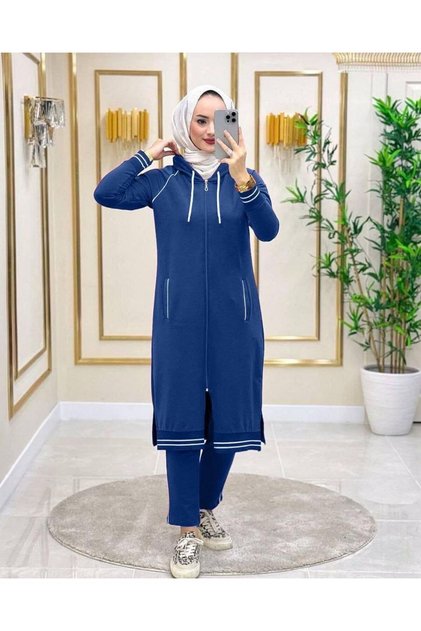 بدلة حجاب نسائية 2 قطعة قماش خيطين p-45886 _ كحلي