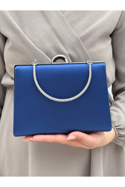Women's Satin Navy Blue Evening Dress Clutch Portfolio Bag