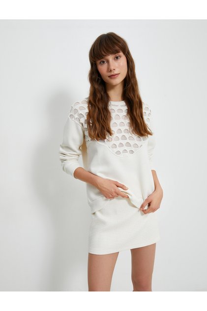 Crew Neck Sweatshirt Mesh Detailed Long Sleeve Ribbed