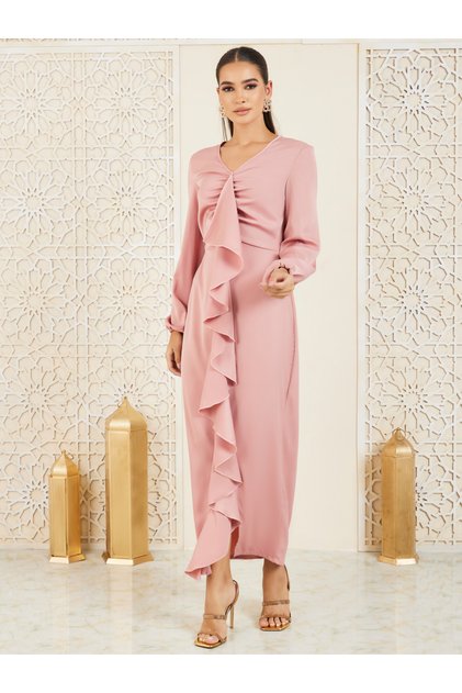 Satin Ruffle Detail Bodycon Maxi Dress