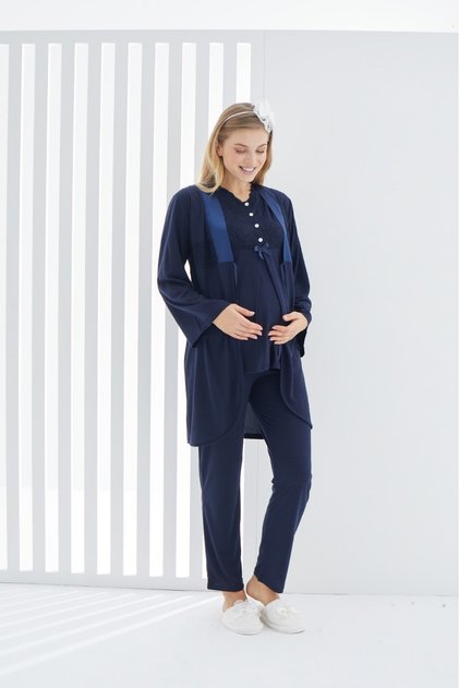 3-Piece Cotton Maternity and Postpartum Pajama Set with Robe (Button Collar)