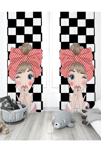Checkered Fashion Girl Patterned Children's Room Curtain (Single Wing Pricing)