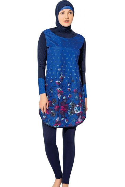 Long Micro Sleeve Floral Patterned Full Hijab Swimsuit 7125 Cobalt Blue