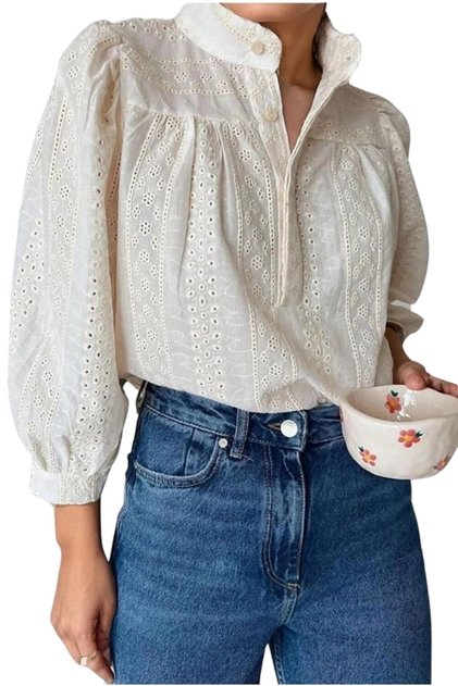 Women's Beige Scalloped Embroidered Buttoned Blouse