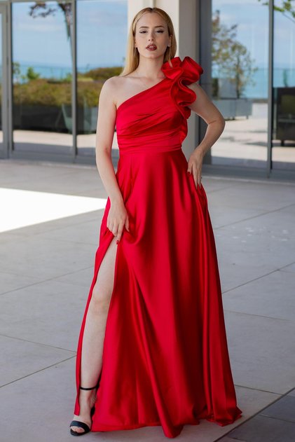 Red One Shoulder Flounce Detailed Evening Dress