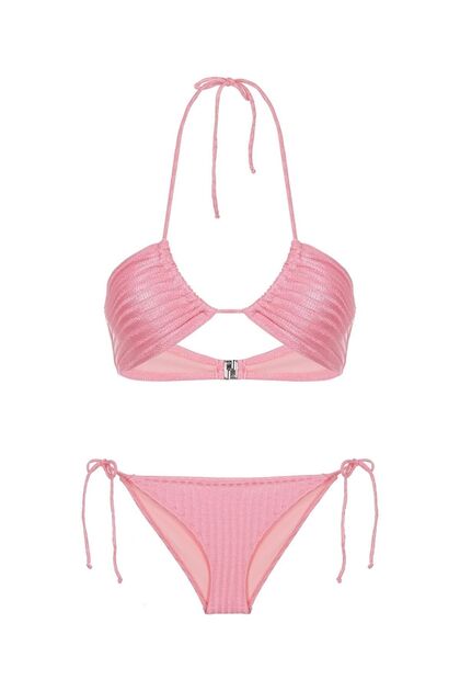 Halter Neck Mercerized Knitwear Salmon Bikini Set