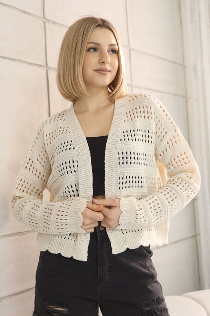 V-Neck Long Sleeve Openwork Hollowed Out Skirt Wavy Buttonless Summer Short Knitwear Cardigan