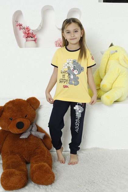 Girl's Short-Sleeved, Six-Long, Crew-Neck, Teddy Bear Printed, Yellow Color Pajama Set