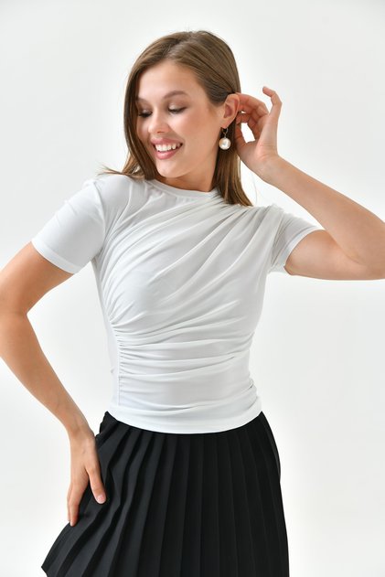 Women's Stretch Fabric Gather Designed Short Sleeve Basic White Blouse 12244