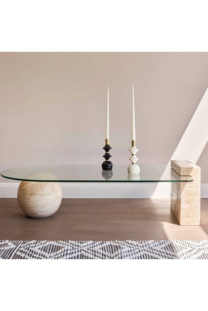 Assos - Doğal Traverten Orta Sehpa | Mermer Ayaklı Cam Sehpa | Cam Orta Sehpa |Coffee Table |