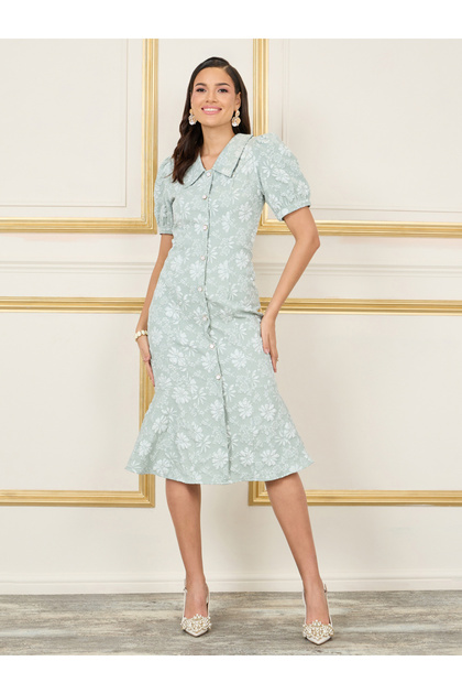 Jacquard Collared Button Through Sheath Midi Dress