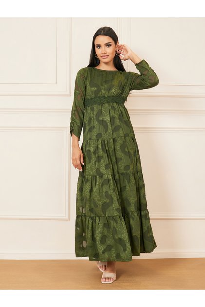 Burnout Texture Lace Detail Tiered Maxi Dress