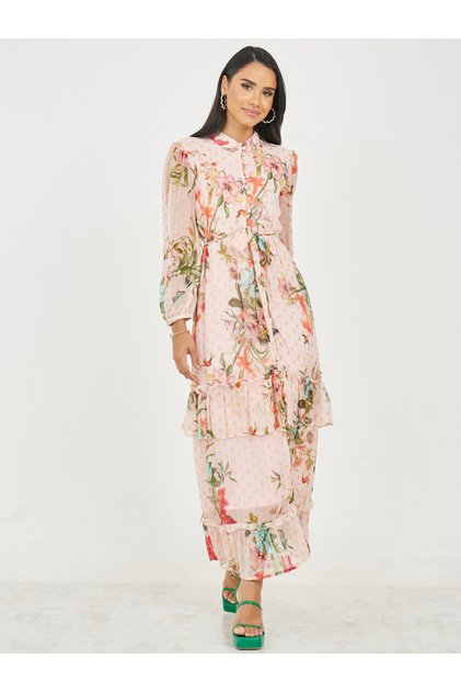 Floral Print Button Loop Closure Tiered Maxi Dress with Self Tie Up