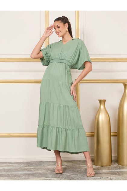 Smocked Waist Jonny Neck Tiered Maxi Dress