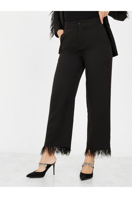 Faux Feather Trim Straight Leg Trousers