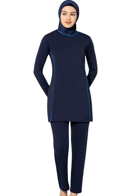 Long Sleeve Solid Color Piping Flexible Full Hijab Swimsuit 7550 Navy Blue Plus Size